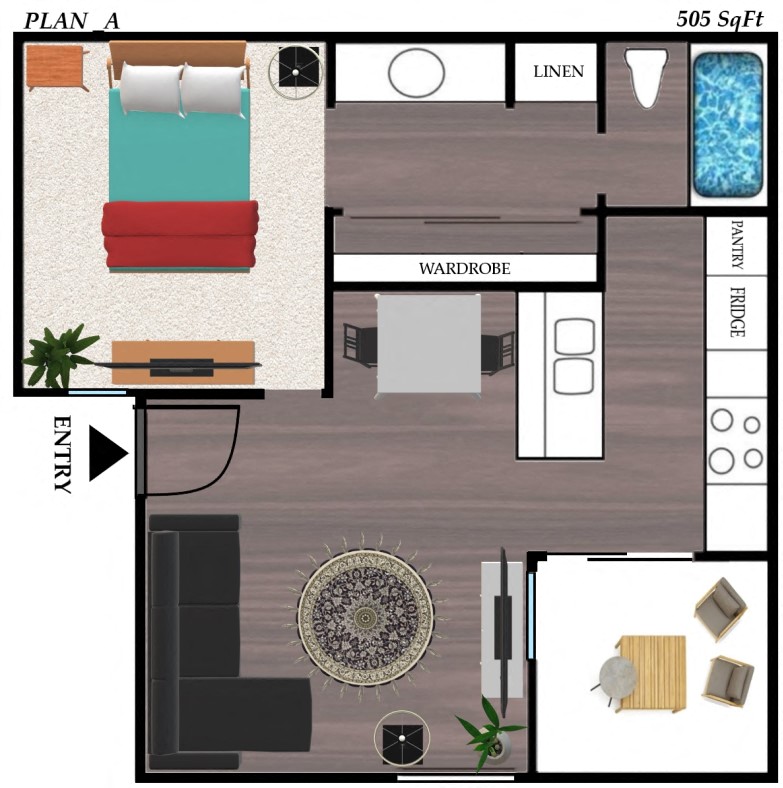 Floor plan for 1 bed, 1 bath, 504 sqft